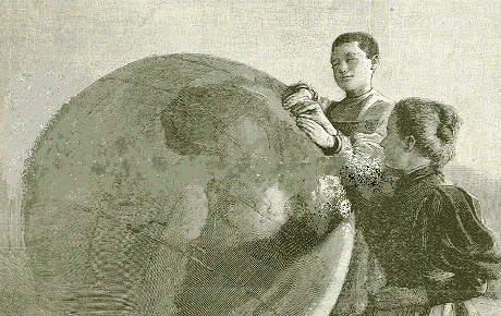 Student_and_teacher_exploring_tactile_globe-French_Woodcut-1897